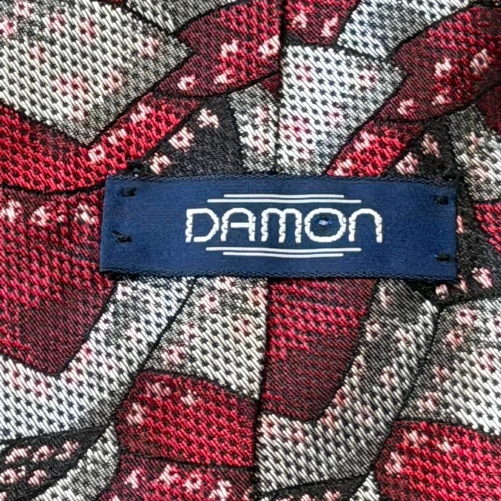 Vintage 80s Damon Red, Gray & Black Abstract Geometric Silk Tie - Picture 5 of 8